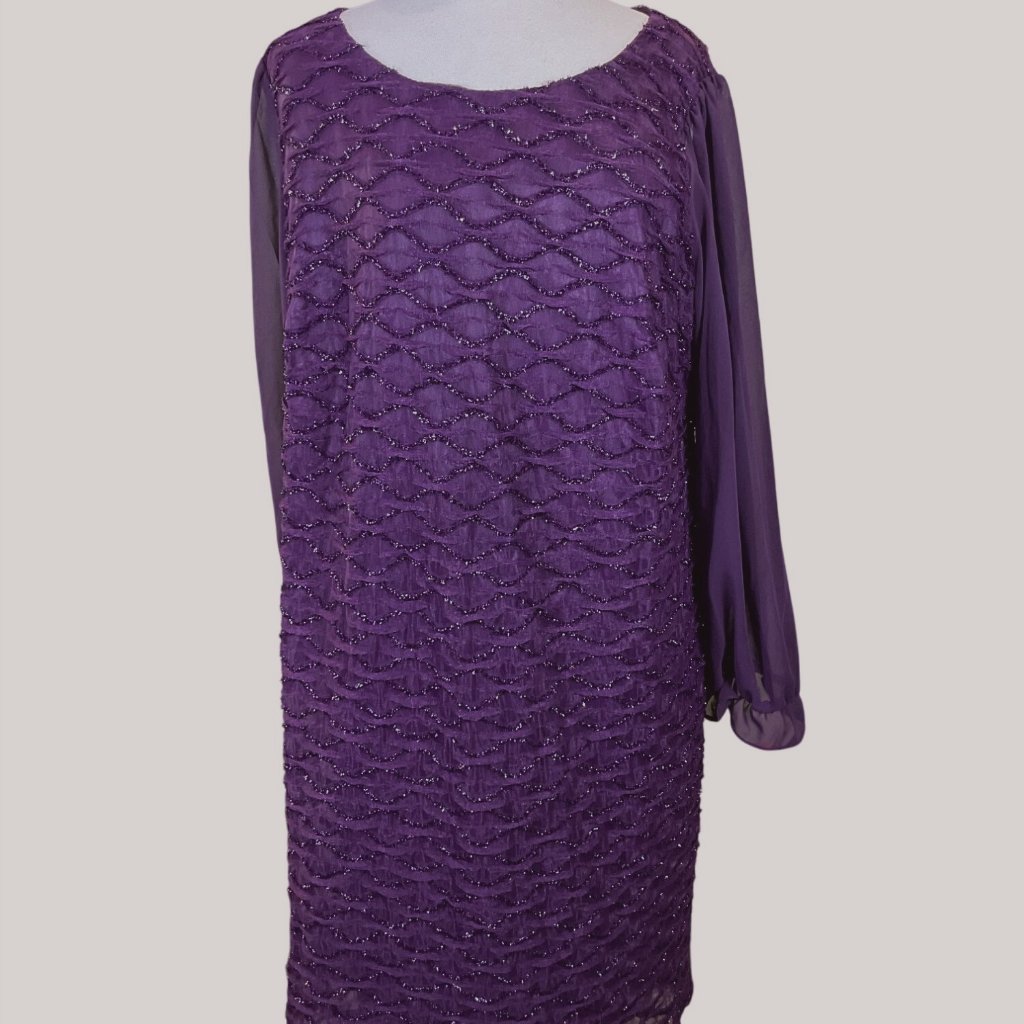 Connected Apparel Chiffon Sleeve Deep Purple Glitter Trim Evening Dress 16w Nwt